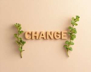 Aufkleber - Minimalist Typography Art Bold CHANGE on Textured Beige Background with Foliage - Personal Development and Branding for Eco-Conscious Audiences