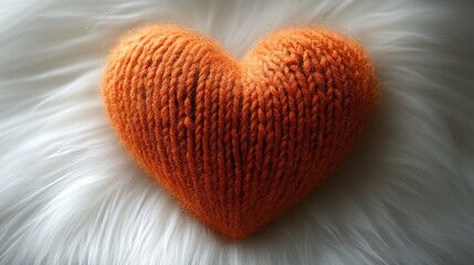 Poster - Orange Knitted Heart on Fluffy White Background: A Cozy and Warm Image Conveying Love, Comfort, and Handmade Craftsmanship.