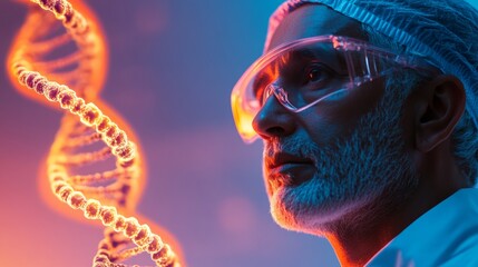 Poster - Futuristic Genetic Biohacking Indian Scientist Analyzing DNA Sequences on Neon Holo-Screen - Innovations in Genomic Health and Precision Medicine