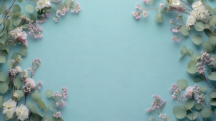A flat lay of small white flowers and green leave background