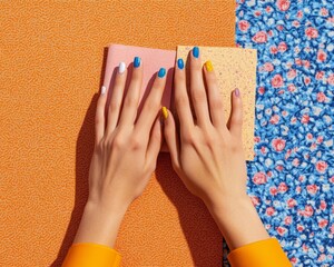 Aufkleber - Maximalist Decor Display Vibrant Textile Swatches and Colorful Nails on Patterned Wallpaper - Visual Content for Interior Design and Fashion Marketing
