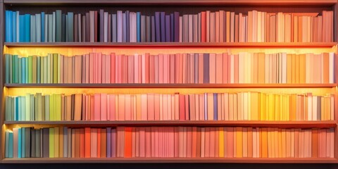 Aufkleber - Color-Coded Library Shelf Display Contemporary Multicolored Book Spines on Wooden Shelving - Educational Content Curation for Academic and Digital Learning Spaces