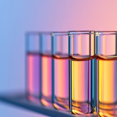 Poster - Gradient Chromatic Test Tube Display Sleek Glass in Metal Rack for Clinical Laboratory Content - Modern Scientific Analysis and Analytical Equipment Visualization
