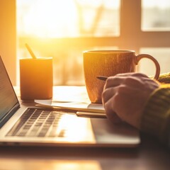 Poster - Contemporary Remote Learning Adult Learners Hands with Notebook and Coffee in Sunlit Workspace - E-Learning, Office Aesthetics and Professional Skill Enhancement