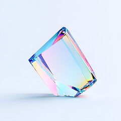 Bright reflective crystal, holographic diamond shape gem isolated on light pastel background