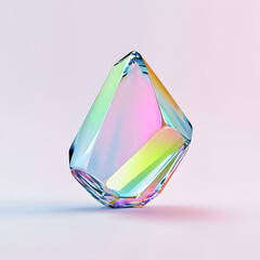 Bright reflective crystal, holographic diamond shape gem isolated on light pastel background