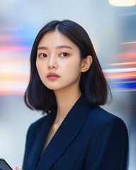 Aufkleber - Fast-Paced Hybrid Work Dynamics Korean Businesswoman in Navy Suit with Smartphone in Corporate Setting - Digital Communication and Modern Workspace Visualization