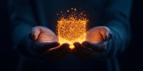 Leinwandbilder - Futuristic Cybersecurity Visualization Hands Holding Glowing Data Cube against Dark Background - Digital Protection Imagery for Tech Marketing and Network Security Industries