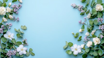 A flat lay of small white flowers and green leave background