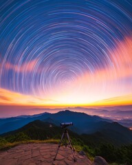 Aufkleber - Star Trail Time-lapse over Mountain Landscape with Telescope Cosmic Movement and Astronomy Stock for Educational Science Visuals and Technological Innovation Insights
