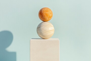 Poster - Geometric Balance Display Spheres and Cubes with Pastel Finish on Turquoise - Modern Decor for Creative Spaces and Visual Merchandising in Design Industries