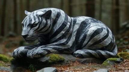 Poster - Striking Marble Tiger Sculpture Resting on Mossy Rocks, a Captivating Blend of Art and Nature's Serenity, Set Against a Blurred Forest Backdrop