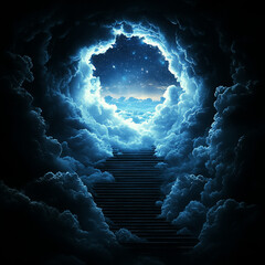 Wall Mural - stairway to a celestial realm amidst clouds illuminated by starlight at night. generative ai