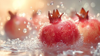 Leinwandbilder - Vibrant Pomegranates Bathed in Refreshing Water: A Captivating Still Life with Sparkling Bubbles and Ethereal Lighting, Emphasizing Freshness and Natural Beauty