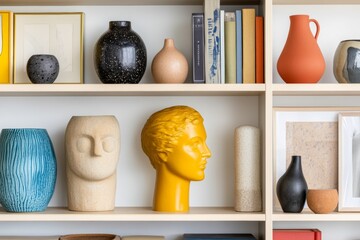 Poster - Maximalist Home Decor Display Curated Bookshelf with Eclectic Sculptures and Art - Vibrant Design Inspiration for Urban Living and Modern Retail Spaces