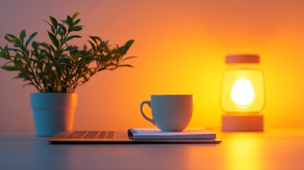 Fototapete - Cozy Remote Learning Setup Ceramic Mug and Open Notebook on Sleek Desk with Gentle Lighting - Digital Education Inspiration and Modern Workspace Design