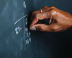 Aufkleber - Contemporary Classroom Aesthetic Teachers Hand with Silver Ring Crafting Equations on Chalkboard - Dynamic Educational Content for Academic and Digital Publishing