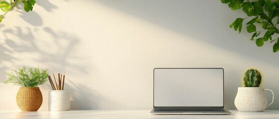 Fototapete - Minimalist Academic Workspace Sleek Laptop with Shadow Play of Greenery - Modern EdTech Visual for Digital Education and Professional Online Learning Environments