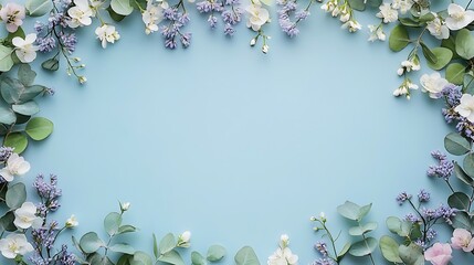 A flat lay of small white flowers and green leave background