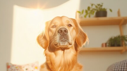 Canvas Print - Cottagecore Pet Aesthetics Golden Retriever in Sunlit Rustic Kitchen - Trendy Home Decor and Cozy Digital Marketing Inspiration