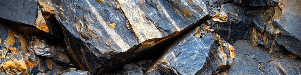 Wall Mural - Fractured Rock Face with Blue, Gray, and Orange Mineral Veins