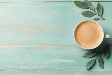 Poster - Aesthetic Wooden Desk Flatlay Warm Coffee and Eucalyptus on Distressed Teal Surface - Mindful Office Decor and Ergonomic Workspace Inspiration