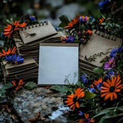 Canvas Print - Blank Notepad Mockup with Colorful Flowers on Rocks