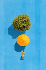 Aufkleber - Vibrant Minimalist Aerial Art Man, Tree and Umbrella on Blue Tarmac Creative Content for Modern Brand Storytelling and Visual Marketing Impact