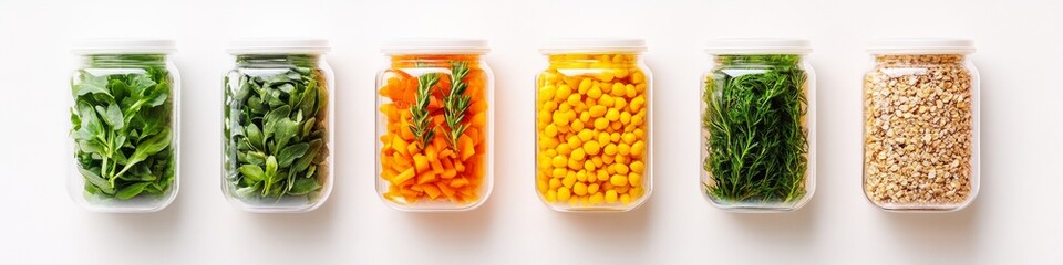 Poster - Minimalist Glass Jar Display Vibrant Vegetables and Grains Assortment on White Background - Health-Conscious Content and Eco-Friendly Kitchen Organization