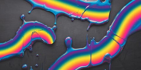 Vibrant Rainbow Slime on Dark Background. A striking flow of colorful rainbow slime spreads across a dark surface, showcasing a playful and creative blend of vivid hues.