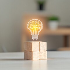 Aufkleber - Minimalist Business Innovation Wooden Block Display with Brain and Lightbulb Icons in Modern Coworking Space - Creative Strategy and Leadership Content for Professional Environments
