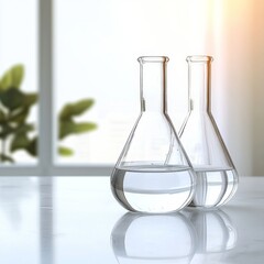 Fototapete - Minimalist Laboratory Aesthetic Clear Glass Beakers with Liquid on Marble - Scientific Content for Modern Research and Innovative Lab Branding