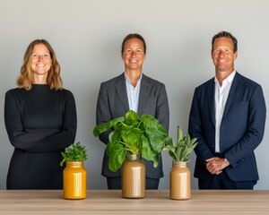 Aufkleber - Chic Corporate Herbal Display Executives with Rustic Ceramic Pots and Fresh Plants on Minimalist Wood - Wellness Promotion and Eco-Friendly Office Decor