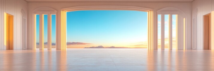 Leinwandbilder - Sunlit Minimalist Conference Venue Flowing Open Space with Marble Floors and Archways - Ideal for Modern Corporate Events and Sustainable Architecture Inspiration