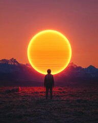 Aufkleber - Bold Cosmic Vision Neo-Retro Sci-Fi Poster with Radiant Sun Against Alien Landscape - Sleek Design for Futuristic Branding and Immersive Tech Experiences