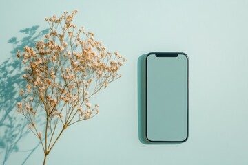 Fototapete - Digital Minimalism in Remote Communication Smartphone Cutout with Dried Flowers on Pastel Blue - Content Creation and Social Media Design for Modern Tech Engagement