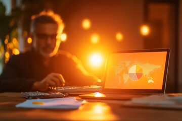 Leinwandbilder - Warm Contemporary Budget Planning Middle-Aged Indian Man Analyzing Digital Finance Charts at Home Desk - Personal Finance Growth for Economic Resilience and Modern Financial Strategy