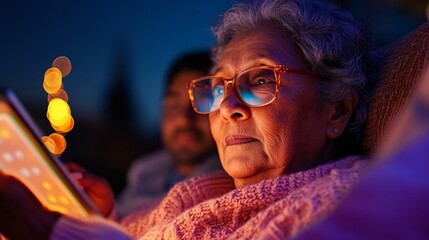 Poster - Warm Intergenerational Digital Learning Indian Senior Woman and Son on Cozy Couch with Tablet - Modern Tech Support and Family Connection in Home Settings