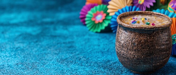 Canvas Print - Brown Ceramic Bowl of Spiced Beverage with Colorful Paper Flowers on Blue Background