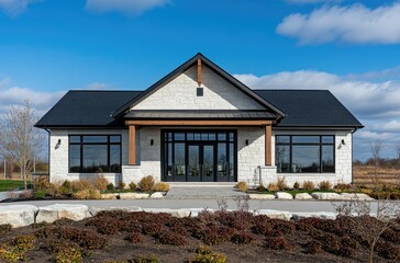 Wall Mural - A white stone and tan wood modern farmhouse with dark windows, green grass in the front yard