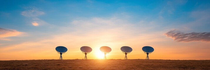 Poster - Modern Astronomical Satellite Array Cutting-Edge Metal Dish Network under Dramatic Skies - Advanced Space Communication and Scientific Exploration for Tech Industry Growth