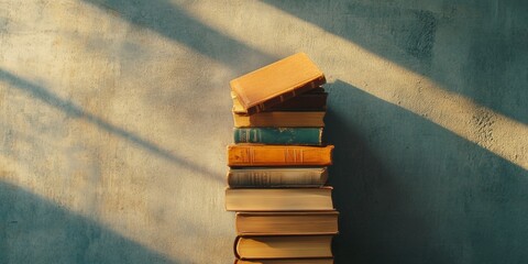 Aufkleber - Vintage Academia Aesthetic Stacked Hardcover Books with Shadow Play on Textured Wall - Inspirational Educational Content for Modern Learning Spaces and Study Motivation