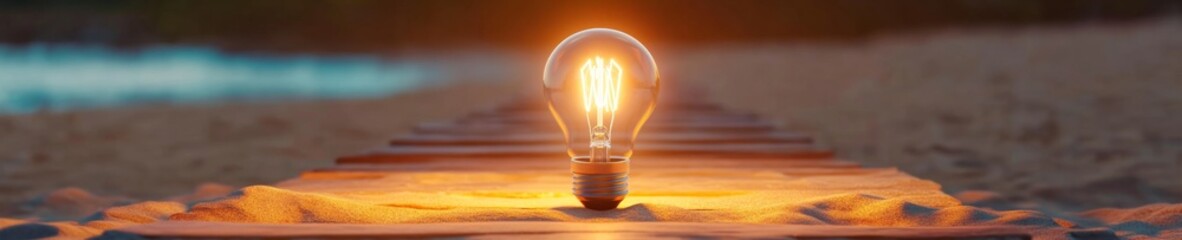 Leinwandbilder - Transcendent Lighting Aesthetic Glowing Light Bulb on Sand Path - Intellectual Inspiration and Educational Content for Innovative Learning Environments