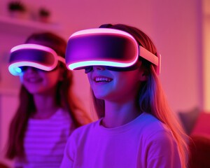 Aufkleber - Futuristic Home Entertainment Family Interactive VR Gaming with Neon Aesthetic in Cozy Living Room - Modern Family Tech Innovation for Lifestyle and Gaming Industry