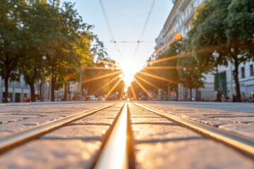 Aufkleber - Sunlit Modern Urban Mobility Tranquil Cobblestone Street with Tram Tracks and Classic Architecture for Sustainable Transit Solutions in City Infrastructure Planning