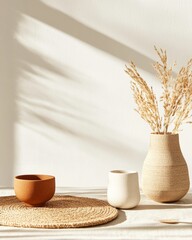 Poster - Scandinavian Minimalist Decor Textured Ceramic Vases and Natural Elements on Sunlit Table - Home Styling Content and Eco-Friendly Interior Design Inspiration