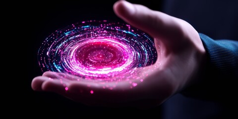 Leinwandbilder - Neon Holographic Interface Futuristic Floating Circular Icons in Hand Display - Business Analytics and Digital Transformation for Tech Industry Innovation