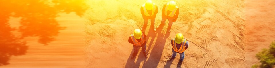 Poster - Contemporary Aerial View Construction Crew in Vibrant Safety Gear on Sandy TerrainDynamic Collaboration and Safety Enhancement in Modern Building Industry