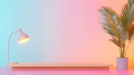 Fototapete - Retro-Futuristic Workspace Design Curved Desk and LED Lamp Accent in Pastel Hue - Ideal for Modern Home Offices and Startup Culture, Emphasizing Geometric Design and Natural Balance