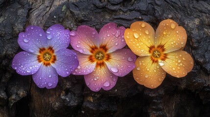 Wall Mural - Three colorful flowers on a tree bark, wet from rain, can be used for nature themed graphic design